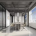 Modern Conference Room With Large Windows Round Table Chairs And Glass Partitions