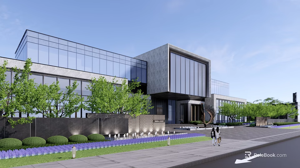 Modern Sales Office Building Featuring Glass Curtain Walls Gray Stone Green Plants And Lawn Entrance 3d model 