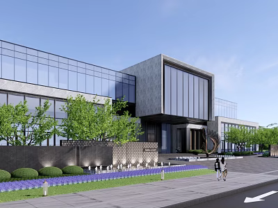 Modern Sales Office Building Featuring Glass Curtain Walls Gray Stone Green Plants And Lawn Entrance 3d model