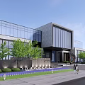 Modern Sales Office Building Featuring Glass Curtain Walls Gray Stone Green Plants And Lawn Entrance