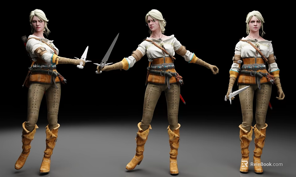 Three Fantasy Female Warriors Holding Swords In Leather Outfit And Brown Boots 3d model 