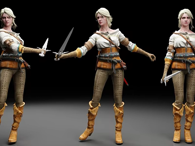 Three Fantasy Female Warriors Holding Swords In Leather Outfit And Brown Boots 3d model