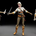 Three Fantasy Female Warriors Holding Swords In Leather Outfit And Brown Boots