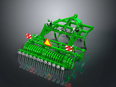Green Agricultural Disc Harrow Machinery With Frame Blades And Warning Signs 3d model