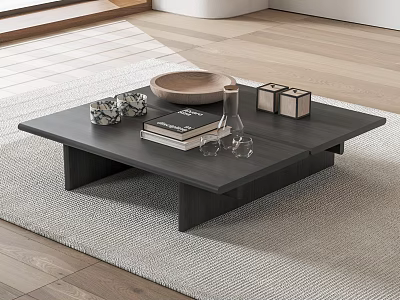 Modern Dark Wood Coffee Table With Books Decorative Bowl Glass Vase And Boxes On Rug 3d model