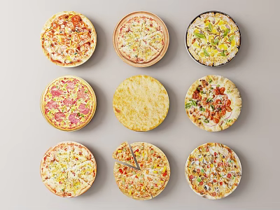 Assorted Pizza Varieties With Different Toppings Arranged On Gray Background 3d model