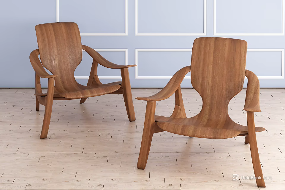 Modern Wooden Leisure Chairs With Armrests In Bright Interior Space 3d model 