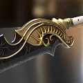 Ornate Decorative Sword With Carved Blade Golden Hilt And White Handle