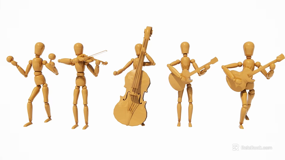 Wooden Mannequin Game Movie Characters Playing Violin Cello And Guitars 3d model 
