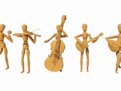 Wooden Mannequin Game Movie Characters Playing Violin Cello And Guitars 3d model