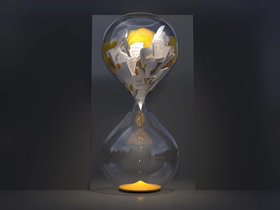 Hourglass Shaped Transparent Glass Art Installation With Floating Paper Elements And Golden Sand Base 3d model