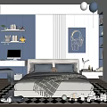 Kids Room Interior With Bed Black And White Diamond Rug Astronaut Poster And Bookshelf