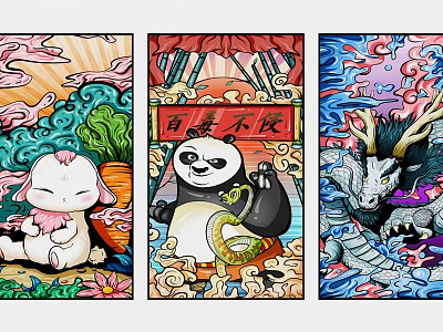 Vibrant Cartoon Animal Artwork Rabbit Panda Snake Dragon With Traditional Patterns 3d model