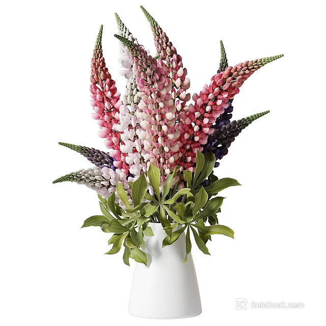 Colorful Lupine Flowers in White Vase with Pink Purple and Green Leaves 3d model 