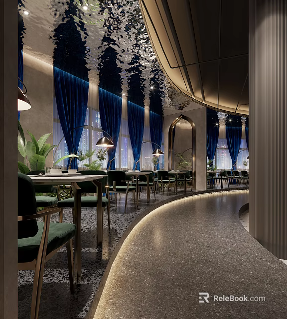 Elegant Modern Restaurant Interior With Blue Curtains Green Plants And Ambient Lighting 3d model 