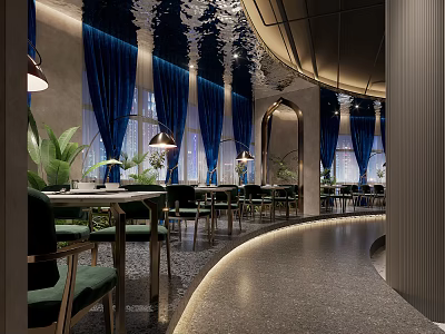 Elegant Modern Restaurant Interior With Blue Curtains Green Plants And Ambient Lighting 3d model