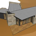 Detached Villa With Stone Walls Wooden Roof Frames And Large Glass Windows
