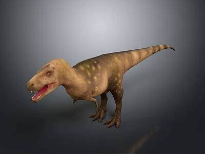 3D Rendered Tyrannosaurus Dinosaur Model With Open Mouth Sharp Teeth Yellow Spots On Gray Background 3d model