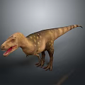3D Rendered Tyrannosaurus Dinosaur Model With Open Mouth Sharp Teeth Yellow Spots On Gray Background
