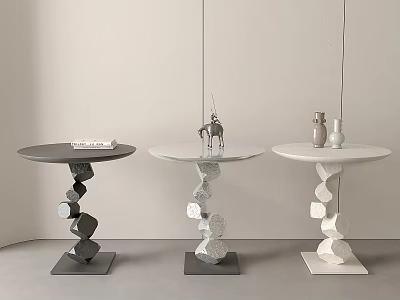 Modern Side Tables With Irregular Stacked Stone Bases And Circular Tops In Black Gray White 3d model