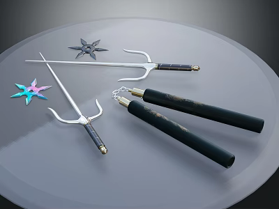 Traditional Martial Arts Weapons Including Shuriken Trident And Nunchaku With Decorative Handles 3d model