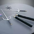 Traditional Martial Arts Weapons Including Shuriken Trident And Nunchaku With Decorative Handles
