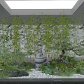 Traditional Garden Ornament Featuring Bamboo Plants Stone Wall Stone Lion Statue And Pebbles