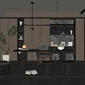 Modern Study Room Interior With Large Desk Wooden Bookshelves Laptop Green Plants And Black Chair