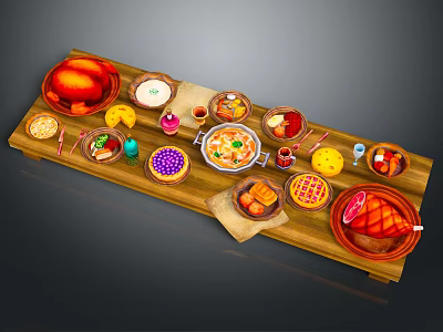 Assorted Delicious Foods Including Roast Meat Vegetables Sauces and Desserts on Wooden Platter 3d model