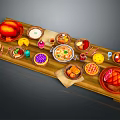Assorted Delicious Foods Including Roast Meat Vegetables Sauces and Desserts on Wooden Platter