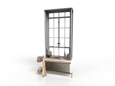 Vintage Window With Multi Pane Frame And Radiator Holding Clay Pot Books And Small Statue 3d model
