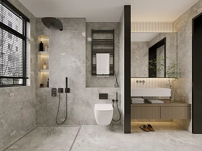 Modern Bathroom With Shower Toilet Vanity Grey Walls And Natural Light 3d model
