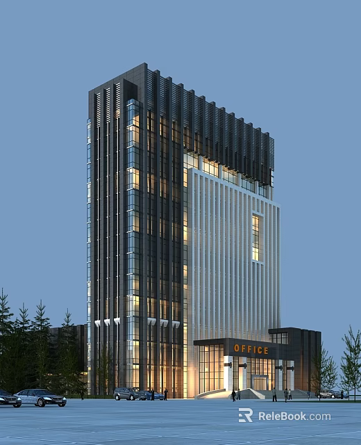 Modern Tall Office Building With Glass Facade Night Lighting Unique Rooftop And Surrounding Trees 3d model 