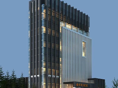 Modern Tall Office Building With Glass Facade Night Lighting Unique Rooftop And Surrounding Trees 3d model