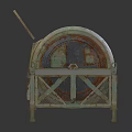 Rustic Copper Green Cylindrical Industrial Equipment With Open Lid And Metal Support Frame