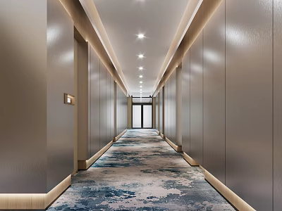 Modern Hotel Corridor Featuring Silver Walls Wooden Trim Elevators And Elegant Lighting On Carpet 3d model