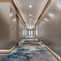 Modern Hotel Corridor Featuring Silver Walls Wooden Trim Elevators And Elegant Lighting On Carpet
