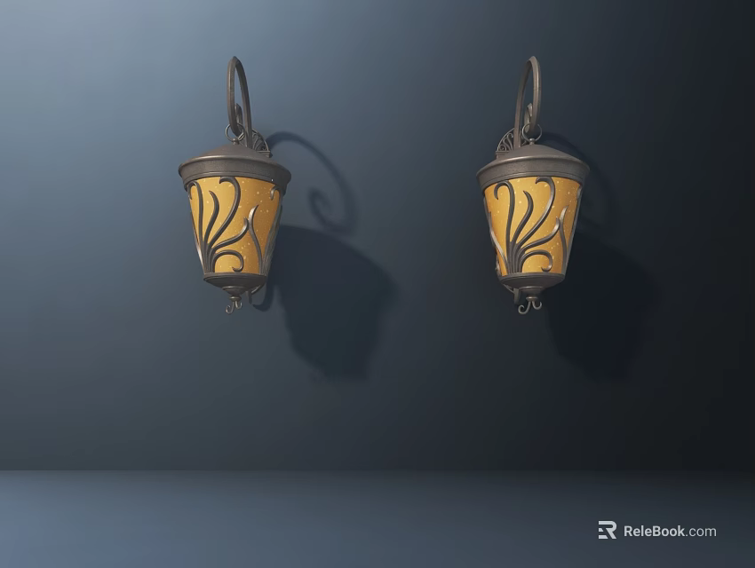 Two Decorative Wall Sconces With Yellow Lampshades And Metal Brackets On Dark Wall 3d model 