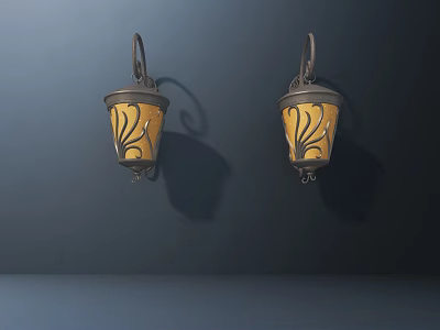 Two Decorative Wall Sconces With Yellow Lampshades And Metal Brackets On Dark Wall 3d model