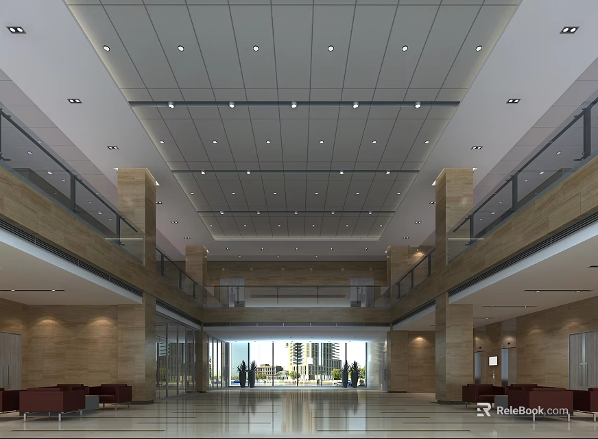 Spacious Modern Reception Lobby With Glass Doors Columns Sofas And Ceiling Lights 3d model 