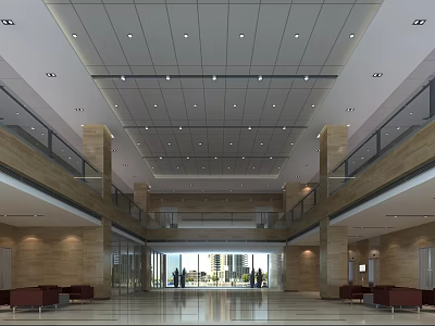 Spacious Modern Reception Lobby With Glass Doors Columns Sofas And Ceiling Lights 3d model