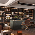 Modern Open Plan Living And Dining Room Interior With Full Wall Bookcase And Large Windows