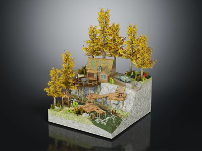 Cartoon Forest Scene with Yellow Trees Small Wooden House and Wooden Walkways on Rocky Platform 3d model