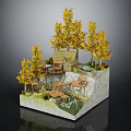 Cartoon Forest Scene with Yellow Trees Small Wooden House and Wooden Walkways on Rocky Platform