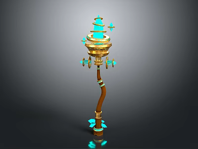 Ornate Magical Weapon with Turquoise and Golden Layered Top and Curved Staff 3d model