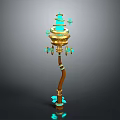 Ornate Magical Weapon with Turquoise and Golden Layered Top and Curved Staff