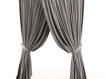 Gray Pleated Curtains with Soft Fabric Tied Back for Home Window Decor 3d model
