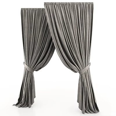 Gray Pleated Curtains with Soft Fabric Tied Back for Home Window Decor 3d model
