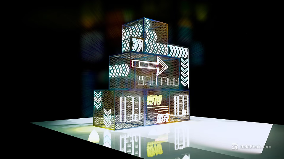 Illuminated Multi Layered Art Installation With Arrow Patterns And Welcome Elements 3d model 