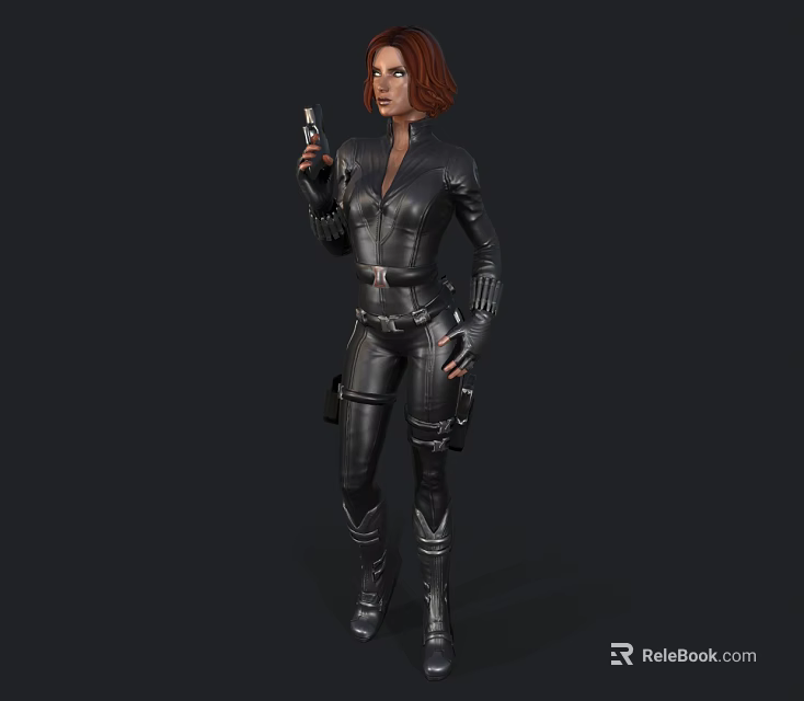 Red Haired Woman In Black Tight Leather Suit Holding A Gun And Standing Upright 3d model 